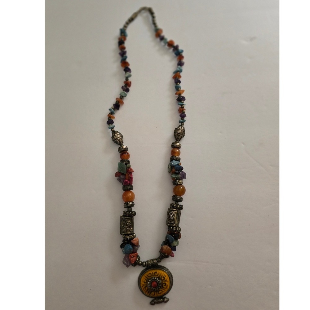Vintage Boho Multi Gemstone Chip Necklace Tribal Pendant Silvertone S-Hook Clasp